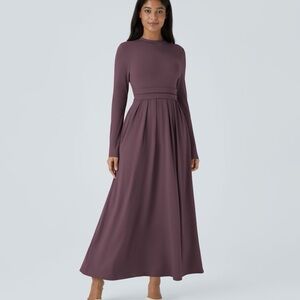 Mock-neck Long Sleeve Pocket Flare Maxi Casual Dress